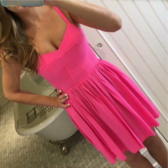 Amanda Uprichard Silk Champagne Mini Cocktail Dress in Hot Pink Size Small - Picture 2 of 15